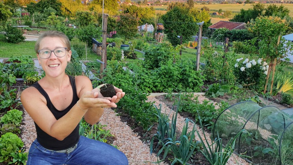 Beitragsbild Jahresrückblick 2024 im Gemüsegarten. Auf diesem Bild sieht man Maren von MarensSchwabengarten im Gemüsegarten sitzen. Sie hält Jungpflanzen in der Hand, im Hintergrund sind bepflanzte Beete mit Mulch und auf den Wegen sind Holzhackschnitzel. Es ist ein sonniger Tag. Perfekt für einen Rückblick auf das Jahr 2024 im Garten für alle Hobbygärtner