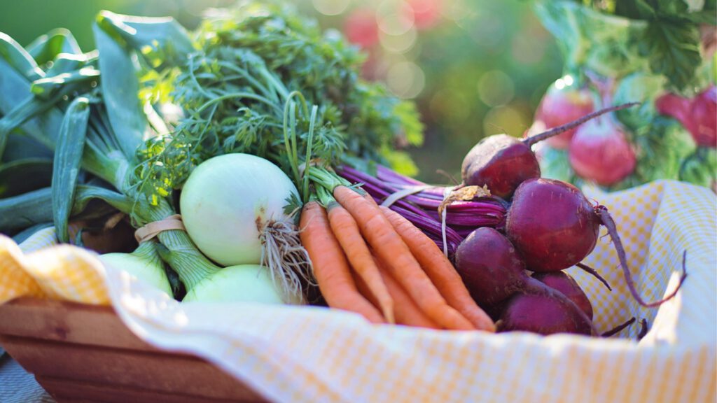 Frische Gemüseernte aus dem Garten – Möhre, Zwiebel und Kohlrabi auf einem Erntekorn, Symbol für saisonale Selbstversorgung im phänologischen Gartenjahr.
